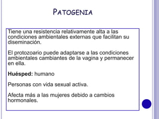 PATOGENIA
Tiene una resistencia relativamente alta a las
condiciones ambientales externas que facilitan su
diseminación.
El protozoario puede adaptarse a las condiciones
ambientales cambiantes de la vagina y permanecer
en ella.
Huésped: humano
Personas con vida sexual activa.
Afecta más a las mujeres debido a cambios
hormonales.
 