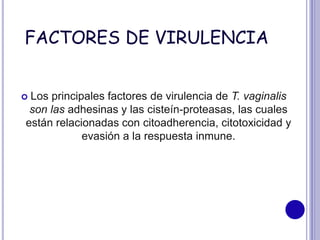 FACTORES DE VIRULENCIA
 Los principales factores de virulencia de T. vaginalis
son las adhesinas y las cisteín-proteasas, las cuales
están relacionadas con citoadherencia, citotoxicidad y
evasión a la respuesta inmune.
 