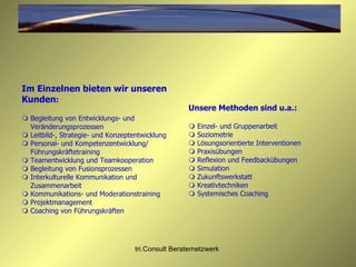 Im Einzelnen bieten wir unseren Kunden :   Begleitung von Entwicklungs- und    Veränderungsprozessen   Leitbild-, Strategie- und Konzeptentwicklung   Personal- und Kompetenzentwicklung/    Führungskräftetraining   Teamentwicklung und Teamkooperation   Begleitung von Fusionsprozessen    Interkulturelle Kommunikation und    Zusammenarbeit   Kommunikations- und Moderationstraining   Projektmanagement   Coaching von Führungskräften Unsere Methoden sind u.a.:   Einzel- und Gruppenarbeit   Soziometrie   Lösungsorientierte Interventionen   Praxisübungen   Reflexion und Feedbackübungen   Simulation   Zukunftswerkstatt   Kreativtechniken   Systemisches Coaching 