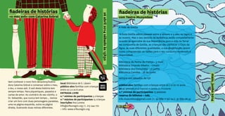 Vem conhecer o novo livro da autora/ilustra-
dora Catarina Sobral e conversar sobre o meu,
o teu, o nosso avô. O avô desta história tem
sempre tempo. Para piqueniques, passeios e
cartas de amor. Ao contrário do seu vizinho, o
Dr. Sebastião, que nunca tem tempo... Vamos
criar um livro com duas personagens paralelas,
uma na página esquerda, outra na página
direita, ilustrando duas rotinas diferentes.
local Biblioteca de S. Lázaro
público-alvo famílias com crianças
entre os 5 e os 8 anos
ENTRADA LIVRE
n.º mínimo de participantes 5 crianças
n.º máximo de participantes 15 crianças
inscrições Ana Lorena
info@orfeunegro.org | t. 213 244 170
+ info: www.orfeunegro.org
26abril2014sábadoàs15h30
fiadeiras de histórias
«o meu avô» com Catarina Sobral
fiadeiras de histórias
com Teatro Muzumbos
A Vida de Gotília
A Gota Gotília adora passear entre o oceano e o céu, os lagos e
as nuvens. Mas o seu sentido de existência muda completamente
quando se apercebe da sua importância para a vida na Terra!
Na companhia de Gotília, as crianças vão conhecer o Ciclo da
Água, as suas diferentes qualidades, a sua despoluição, assim
como compreender as razões para o seu consumo moderado e
responsável.
Biblioteca da Penha de França - 3 maio
Biblioteca Orlando Ribeiro - 17maio
Biblioteca dos Coruchéus - 21 junho
Biblioteca Camões - 28 de junho
sempre aos sábados, às 15h
público-alvo famílias com crianças entre os 2 e os 10 anos
3€ p/ pessoa preço especial no âmbito do Tricotando
n.º mínimo de participantes 15 pessoas
reserva de bilhetes + info
info.muzumbos@gmail.com | t. 92 689 11 90 ou t. 91 680 26 32
maio,junho2014
 