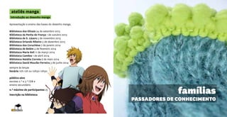 famílias
PASSADORES DE CONHECIMENTO
ateliês manga
introdução ao desenho manga
Apresentação e ensino das bases do desenho manga.
Biblioteca dos Olivais 24 de setembro 2013
Biblioteca da Penha de França 1 de outubro 2013
Biblioteca de S. Lázaro 5 de novembro 2013
Biblioteca Orlando Ribeiro 3 de dezembro 2013
Biblioteca dos Coruchéus 7 de janeiro 2014
Biblioteca de Belém 4 de fevereiro 2014
Biblioteca Maria Keil 11 de março 2014
Biblioteca Camões 1 de abril 2014
Biblioteca Natália Correia 6 de maio 2014
Biblioteca David Mourão-Ferreira 3 de junho 2014
sempre às terças
horário 10h-12h ou 10h30-12h30
público-alvo
escolas 2.º e 3.º CEB e
ensino secundário
n.º máximo de participantes 25
inscrição na biblioteca
 