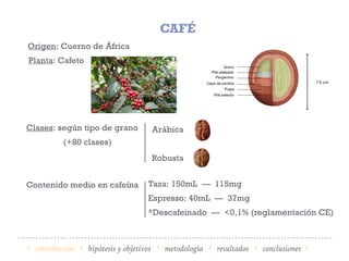· introducción · hipótesis y objetivos · metodología · resultados · conclusiones ·
CAFÉ
Origen: Cuerno de África
Planta: Cafeto
Clases: según tipo de grano
(+80 clases)
Contenido medio en cafeína
Arábica
Robusta
Taza: 150mL — 115mg
Espresso: 40mL — 37mg
*Descafeinado — <0,1% (reglamentación CE)
 