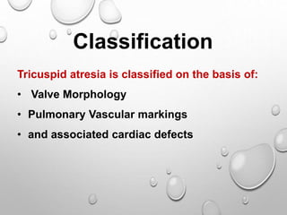 Classification
Tricuspid atresia is classified on the basis of:
• Valve Morphology
• Pulmonary Vascular markings
• and associated cardiac defects
 