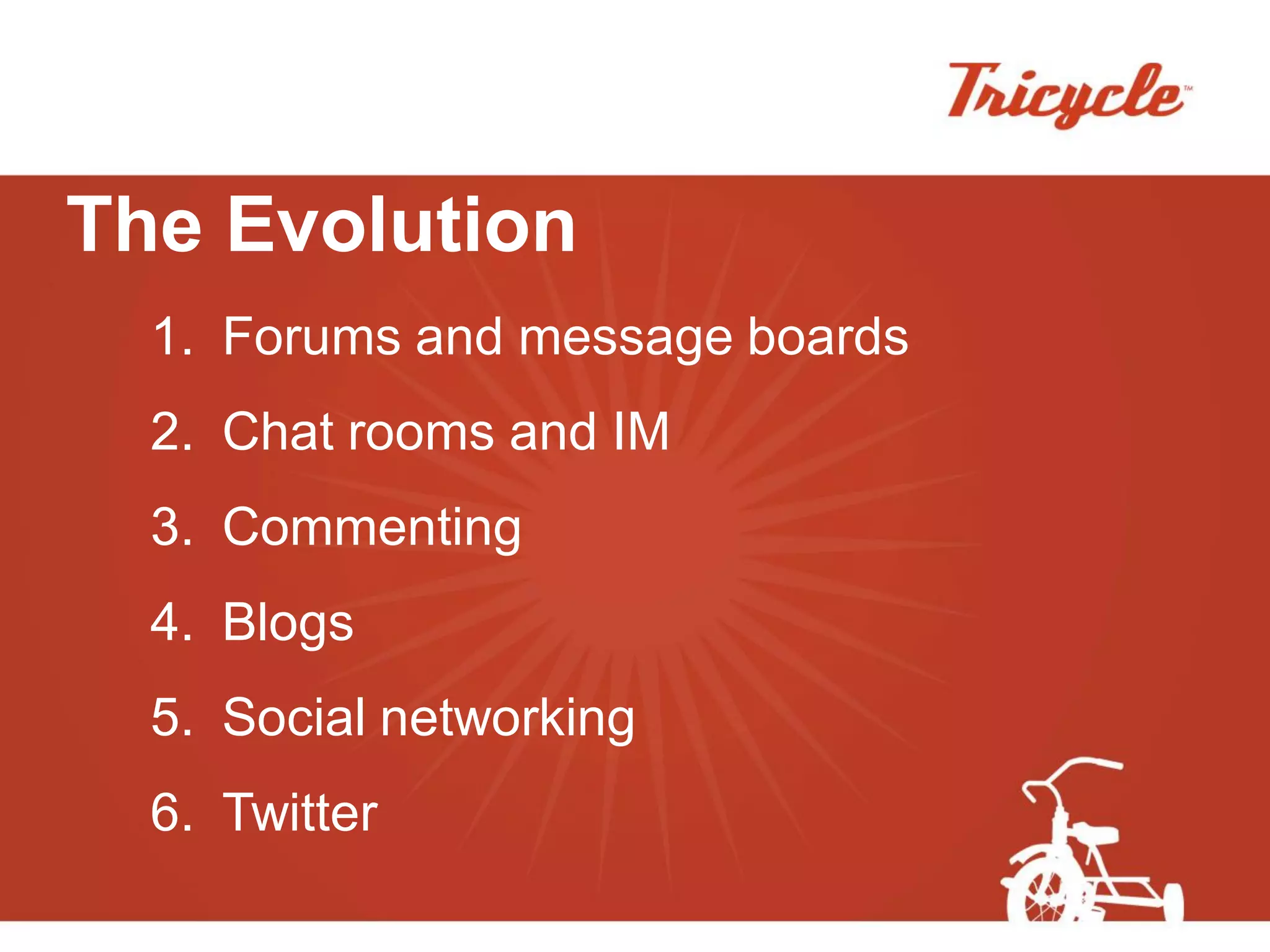The Evolution
  1. Forums and message boards
  2. Chat rooms and IM
  3. Commenting
  4. Blogs
  5. Social networking
  6. Twitter
 