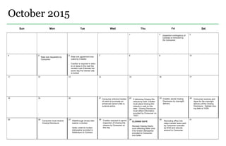 October 2015 
Sun Mon Tue Wed Thu Fri Sat 
1 2 3 
4 5 6 7 8 9 10 
11 12 13 14 15 16 17 
18 19 20 21 22 23 24 
25 26 27 28 29 30 31 
CLOSING DATE 
Revised Closing Disclo-sure 
reflecting seller cred-it 
for broken dishwasher 
provided to Consumer 
and Seller. 
Inspection contingency of 
Contract is removed by 
the Consumer. 
Rate lock requested by 
Consumer. 
Rate lock agreement exe-cuted 
by Creditor. 
Creditor is required to deliv-er 
or place in the mail the 
revised Loan Estimate the 
same day the interest rate 
is locked. 
Consumer must receive 
Closing Disclosure. 
If delivering Closing Dis-closure 
by mail, Creditor 
must place Closing Dis-closure 
in mail on this 
date. Closing Disclosure 
must reflect information 
provided by Consumer on 
10/21. 
Consumer informs Creditor 
of intent to purchase an 
enhanced owner’s title in-surance 
policy. 
Creditor sends Closing 
Disclosure by overnight 
delivery. 
Consumer receives and 
signs for the overnight 
delivery of the Closing 
Disclosure. Earliest clos-ing 
date is 10/28. 
Walkthrough shows dish-washer 
is broken. 
Seller credit for broken 
dishwasher provided in 
Addendum to Contract. 
Creditor required to permit 
inspection of Closing Dis-closure 
by Consumer on 
this day. 
Recording office indi-cates 
transfer taxes paid 
by Consumer overpaid 
by $100 and refunds 
amount to Consumer. 
 