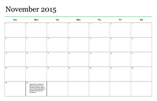 November 2015 
Sun Mon Tue Wed Thu Fri Sat 
1 2 3 4 5 6 7 
8 9 10 11 12 13 14 
15 16 17 18 19 20 21 
22 23 24 25 26 27 28 
29 30 
Last day for Creditor to 
deliver or place in mail 
corrected Closing Disclo-sure 
showing decrease in 
transfer taxes paid by 
Consumer. 
 