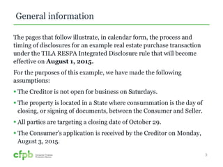 General information 
The pages that follow illustrate, in calendar form, the process and 
timing of disclosures for an example real estate purchase transaction 
under the TILA RESPA Integrated Disclosure rule that will become 
effective on August 1, 2015. 
For the purposes of this example, we have made the following 
assumptions: 
 The Creditor is not open for business on Saturdays. 
 The property is located in a State where consummation is the day of 
closing, or signing of documents, between the Consumer and Seller. 
 All parties are targeting a closing date of October 29. 
 The Consumer’s application is received by the Creditor on Monday, 
August 3, 2015. 
3 
 