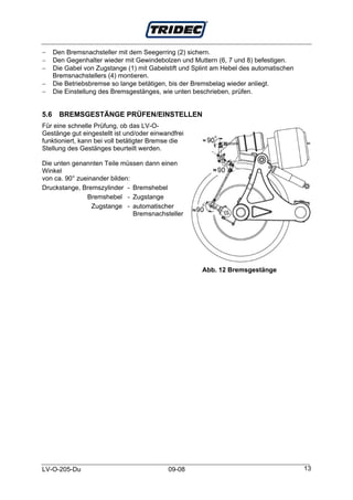 −     Den Bremsnachsteller mit dem Seegerring (2) sichern.
−     Den Gegenhalter wieder mit Gewindebolzen und Muttern (6, 7 und 8) befestigen.
−     Die Gabel von Zugstange (1) mit Gabelstift und Splint am Hebel des automatischen
      Bremsnachstellers (4) montieren.
−     Die Betriebsbremse so lange betätigen, bis der Bremsbelag wieder anliegt.
−     Die Einstellung des Bremsgestänges, wie unten beschrieben, prüfen.


5.6     BREMSGESTÄNGE PRÜFEN/EINSTELLEN
Für eine schnelle Prüfung, ob das LV-O-
Gestänge gut eingestellt ist und/oder einwandfrei
funktioniert, kann bei voll betätigter Bremse die
Stellung des Gestänges beurteilt werden.

Die unten genannten Teile müssen dann einen
Winkel
von ca. 90° zueinander bilden:
Druckstange, Bremszylinder - Bremshebel
               Bremshebel - Zugstange
                 Zugstange - automatischer
                               Bremsnachsteller




                                                       Abb. 12 Bremsgestänge




LV-O-205-Du                                 09-08                                        13
 