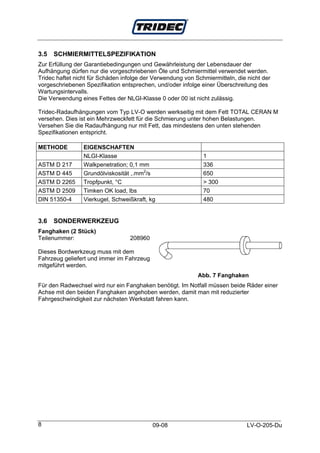 3.5   SCHMIERMITTELSPEZIFIKATION
Zur Erfüllung der Garantiebedingungen und Gewährleistung der Lebensdauer der
Aufhängung dürfen nur die vorgeschriebenen Öle und Schmiermittel verwendet werden.
Tridec haftet nicht für Schäden infolge der Verwendung von Schmiermitteln, die nicht der
vorgeschriebenen Spezifikation entsprechen, und/oder infolge einer Überschreitung des
Wartungsintervalls.
Die Verwendung eines Fettes der NLGI-Klasse 0 oder 00 ist nicht zulässig.

Tridec-Radaufhängungen vom Typ LV-O werden werkseitig mit dem Fett TOTAL CERAN M
versehen. Dies ist ein Mehrzweckfett für die Schmierung unter hohen Belastungen.
Versehen Sie die Radaufhängung nur mit Fett, das mindestens den unten stehenden
Spezifikationen entspricht.

METHODE          EIGENSCHAFTEN
                 NLGI-Klasse                                  1
ASTM D 217       Walkpenetration; 0,1 mm                      336
ASTM D 445       Grundölviskosität ,.mm2/s                    650
ASTM D 2265      Tropfpunkt, °C                               > 300
ASTM D 2509      Timken OK load, lbs                          70
DIN 51350-4      Vierkugel, Schweißkraft, kg                  480


3.6   SONDERWERKZEUG
Fanghaken (2 Stück)
Teilenummer:                      208960

Dieses Bordwerkzeug muss mit dem
Fahrzeug geliefert und immer im Fahrzeug
mitgeführt werden.
                                                            Abb. 7 Fanghaken
Für den Radwechsel wird nur ein Fanghaken benötigt. Im Notfall müssen beide Räder einer
Achse mit den beiden Fanghaken angehoben werden, damit man mit reduzierter
Fahrgeschwindigkeit zur nächsten Werkstatt fahren kann.




8                                          09-08                               LV-O-205-Du
 