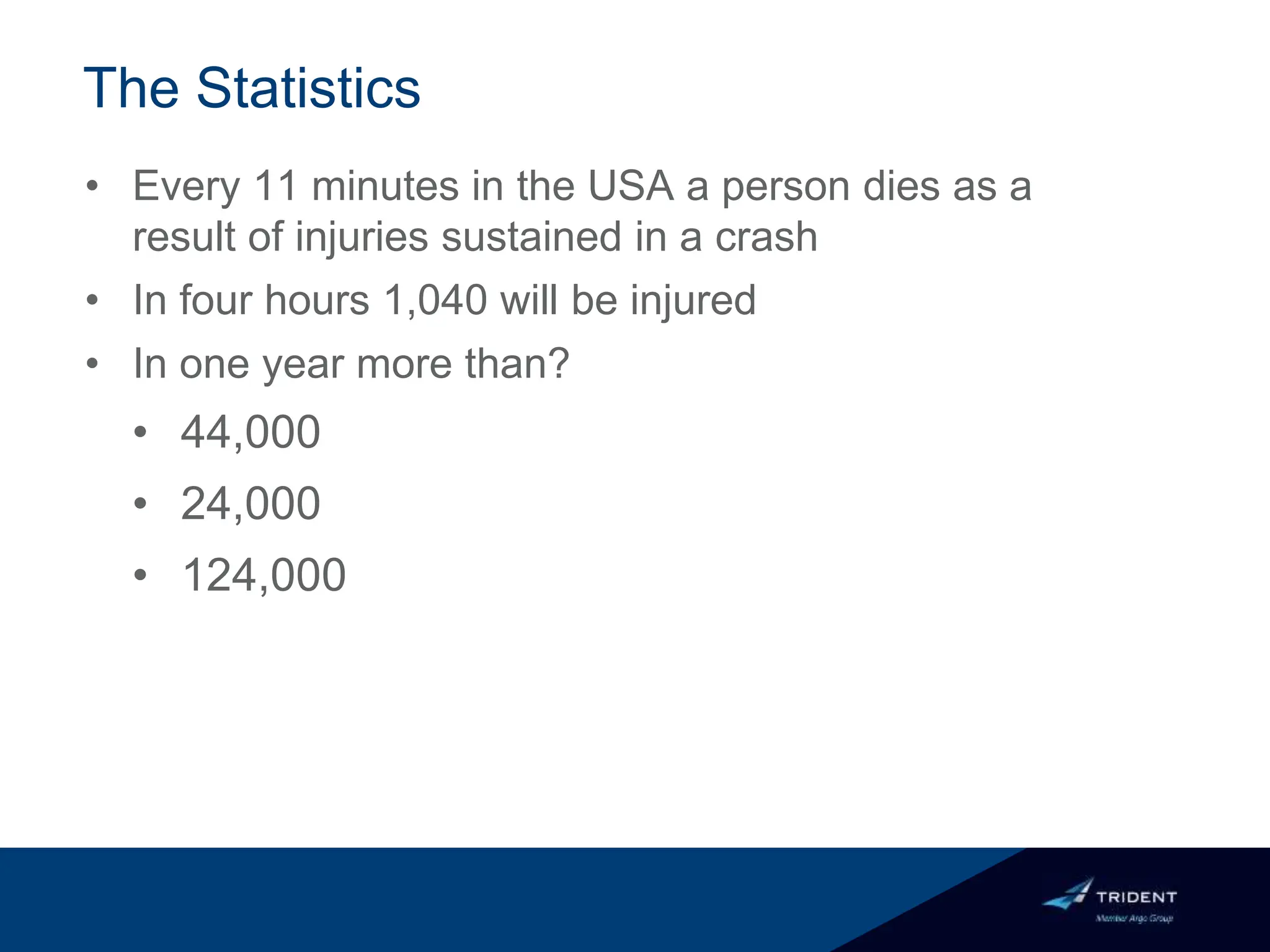 The Statistics
• Every 11 minutes in the USA a person dies as a
result of injuries sustained in a crash
• In four hours 1,040 will be injured
• In one year more than?
• 44,000
• 24,000
• 124,000
 