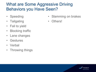 What are Some Aggressive Driving
Behaviors you Have Seen?
• Speeding
• Tailgating
• Fail to yield
• Blocking traffic
• Lane changes
• Gestures
• Verbal
• Throwing things
• Slamming on brakes
• Others!
 