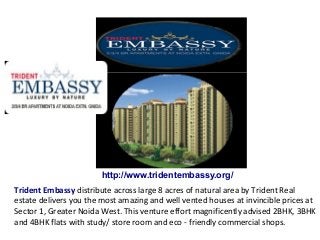 Trident Embassy distribute across large 8 acres of natural area by Trident Real
estate delivers you the most amazing and well vented houses at invincible prices at
Sector 1, Greater Noida West. This venture effort magnificently advised 2BHK, 3BHK
and 4BHK flats with study/ store room and eco - friendly commercial shops.
http://www.tridentembassy.org/
 