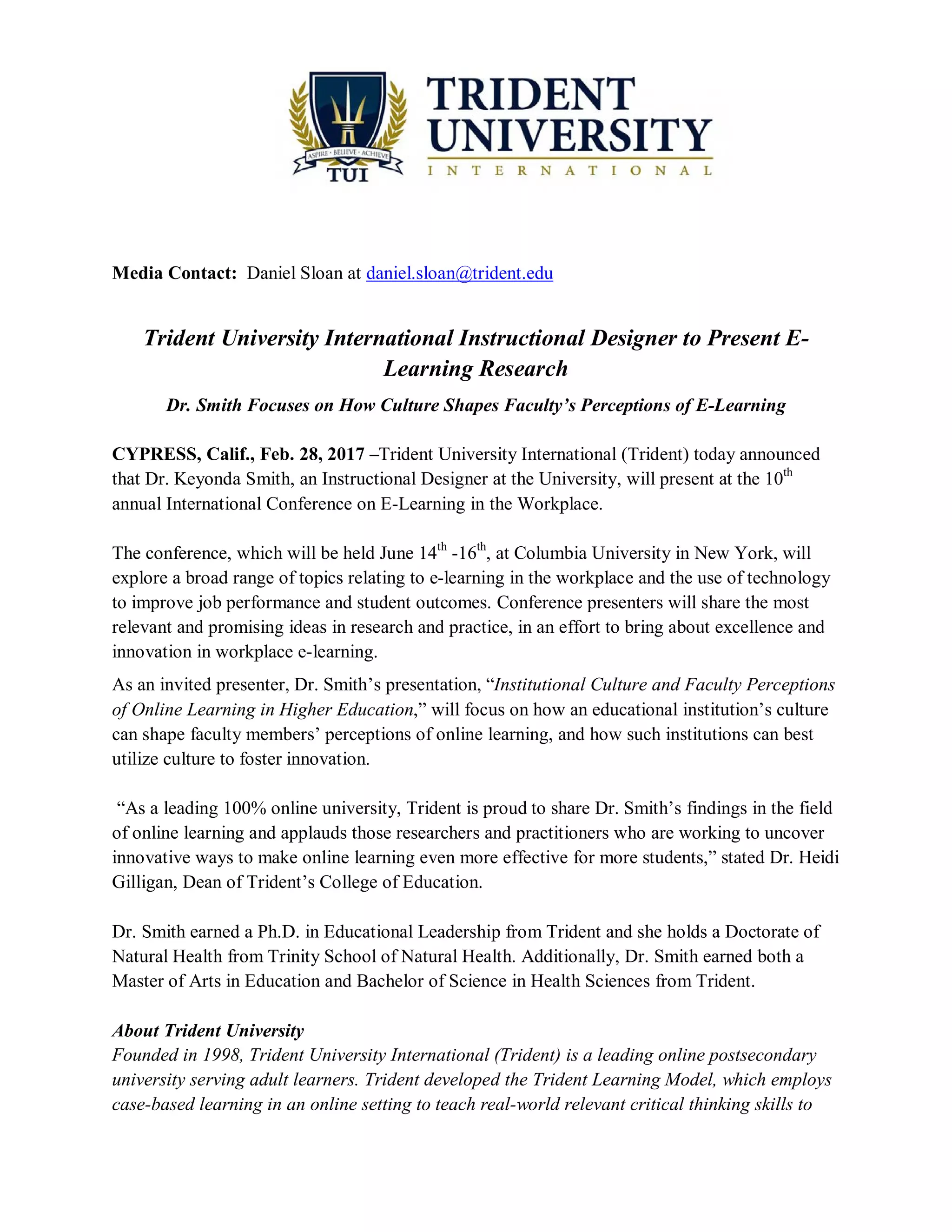 Trident University Media Release ICELW PDF