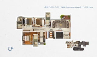 N
3 BHK FLOOR PLAN | Usable Carpet Area: 1,454 sq.ft. | FLOOR 1 to 19
 