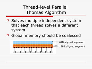 Thread-level Parallel  Thomas Algorithm Solves multiple independent system that each thread solves a different system Global memory should be coalesced 64B aligned segment 128B aligned segment 