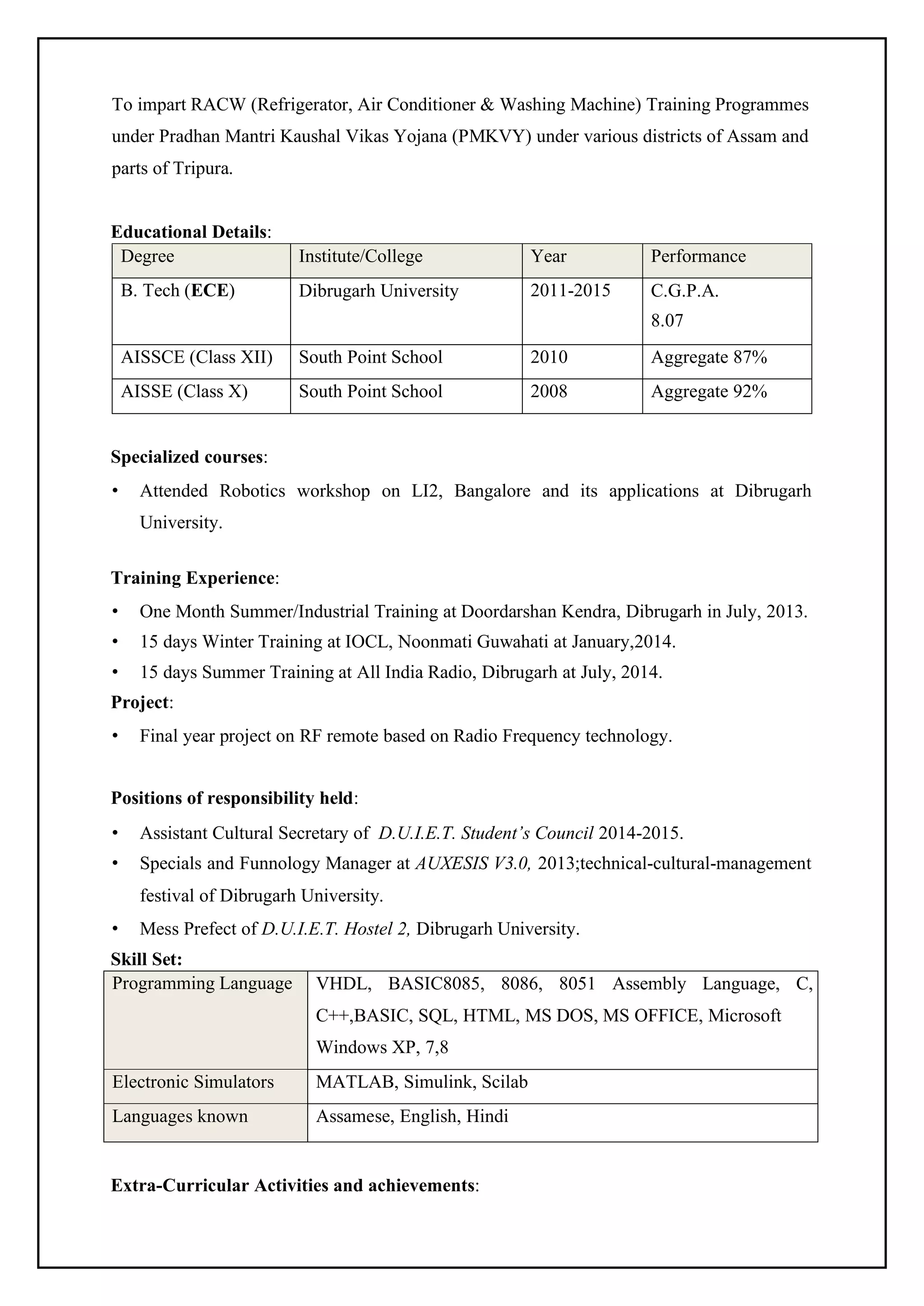 To impart RACW (Refrigerator, Air Conditioner & Washing Machine) Training Programmes
under Pradhan Mantri Kaushal Vikas Yojana (PMKVY) under various districts of Assam and
parts of Tripura.
Educational Details:
Degree Institute/College Year Performance
B. Tech (ECE) Dibrugarh University 2011-2015 C.G.P.A.
8.07
AISSCE (Class XII) South Point School 2010 Aggregate 87%
AISSE (Class X) South Point School 2008 Aggregate 92%
Specialized courses:
• Attended Robotics workshop on LI2, Bangalore and its applications at Dibrugarh
University.
Training Experience:
• One Month Summer/Industrial Training at Doordarshan Kendra, Dibrugarh in July, 2013.
• 15 days Winter Training at IOCL, Noonmati Guwahati at January,2014.
• 15 days Summer Training at All India Radio, Dibrugarh at July, 2014.
Project:
• Final year project on RF remote based on Radio Frequency technology.
Positions of responsibility held:
• Assistant Cultural Secretary of D.U.I.E.T. Student’s Council 2014-2015.
• Specials and Funnology Manager at AUXESIS V3.0, 2013;technical-cultural-management
festival of Dibrugarh University.
• Mess Prefect of D.U.I.E.T. Hostel 2, Dibrugarh University.
Skill Set:
Programming Language VHDL, BASIC8085, 8086, 8051 Assembly Language, C,
C++,BASIC, SQL, HTML, MS DOS, MS OFFICE, Microsoft
Windows XP, 7,8
Electronic Simulators MATLAB, Simulink, Scilab
Languages known Assamese, English, Hindi
Extra-Curricular Activities and achievements:
 
