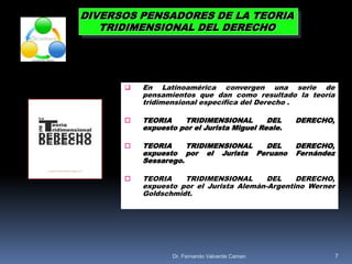 7
 En Latinoamérica convergen una serie de
pensamientos que dan como resultado la teoría
tridimensional específica del Derecho .
 TEORIA TRIDIMENSIONAL DEL DERECHO,
expuesto por el Jurista Miguel Reale.
 TEORIA TRIDIMENSIONAL DEL DERECHO,
expuesto por el Jurista Peruano Fernández
Sessarego.
 TEORIA TRIDIMENSIONAL DEL DERECHO,
expuesto por el Jurista Alemán-Argentino Werner
Goldschmidt.
DIVERSOS PENSADORES DE LA TEORIA
TRIDIMENSIONAL DEL DERECHO
Dr. Fernando Valverde Caman
 