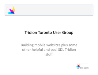 Tridion	
  Toronto	
  User	
  Group	
  

Building	
  mobile	
  websites	
  plus	
  some	
  
 other	
  helpful	
  and	
  cool	
  SDL	
  Tridion	
  
                      stuﬀ	
  
 