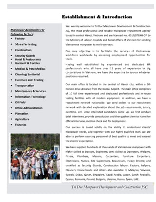 Establishment & Introduction 
Manpower Availability For 
Following Sectors: 
 Factory 
 Manufacturing 
 Construction 
 Security Guards 
 Hotel & Restaurants 
 Garment & Textiles 
 Medical & Para Medical 
 Cleaning/ Janitorial 
 Furniture and Trading 
 Transportation 
 Maintenance & Services 
 Information Technology 
 Oil Field 
 Office Administration 
 Plantation 
 Agriculture 
 Fisheries 
We, warmly welcome to Tri Duc Manpower Development & Construction 
JSC, the most professional and reliable manpower recruitment agency 
based in central Hanoi, Vietnam and are licensed No. 401/LDTBXH-GP by 
the Ministry of Labour, Invalids and Social Affairs of Vietnam for sending 
Vietnamese manpower to work overseas. 
Our core objective is to facilitate the services of Vietnamese 
workforce worldwide by accessing employment opportunities for 
them. 
Having well established by experienced and dedicated HR 
professionals who all have over 15 years of experience in big 
corporations in Vietnam, we have the expertise to source whatever 
positions required. 
Our main office is located in the central of Hanoi city, within a 30- 
minute drive distance from the Noibai Airport. The main office comprises 
of 10 full time experienced and dedicated professionals and in-house 
testing facilities with all modern equipment. In addition, we have a 
recruitment network nationwide. We send orders to our recruitment 
network with detailed explanation about the job requirements, salary, 
overtime, ect. Once interested candidates come up, we first conduct 
brief interviews, provide consultation and then gather them to Hanoi for 
official interview, medical check and for deployment. 
Our success is based solidly on the ability to understand clients’ 
manpower needs, and together with our highly qualified staff, we are 
able to perform sourcing personnel of best quality to meet and exceed 
the clients’ expectation. 
We have supplied hundreds of thousands of Vietnamese manpower with 
highly skilled as Doctors, Engineers; semi-skilled as Operators, Welders, 
Fitters, Plumbers, Masons, Carpenters, Furniture Carpenters, 
Electricians, Nurses, Site Supervisors, Beauticians, Heavy Drivers; and 
unskilled as Security Guards, Construction labour, Factory, helpers, 
Cleaners, Housemaids, and others also available to Malaysia, Slovakia, 
Kuwait, Dubai, Qatar, Singapore, Saudi Arabia, Japan, Czech Republic, 
Cyprus, Romania, Poland, Bulgaria, Ukraine, Russia, Spain, UAE. 
Tri Duc Manpower Development and Construction JSC 
 