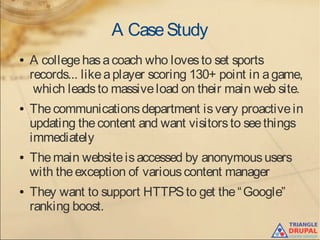A CaseStudy
● A collegehasacoach who lovesto set sports
records... likeaplayer scoring 130+ point in agame,
which leadsto massiveload on their main web site.
● Thecommunicationsdepartment isvery proactivein
updating thecontent and want visitorsto seethings
immediately
● Themain websiteisaccessed by anonymoususers
with theexception of variouscontent manager
● They want to support HTTPSto get the“Google”
ranking boost.
 