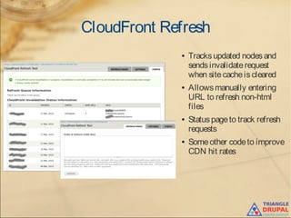 CloudFront Refresh
● Tracksupdated nodesand
sendsinvalidaterequest
when sitecacheiscleared
● Allowsmanually entering
URL to refresh non-html
files
● Statuspageto track refresh
requests
● Someother codeto improve
CDN hit rates
 