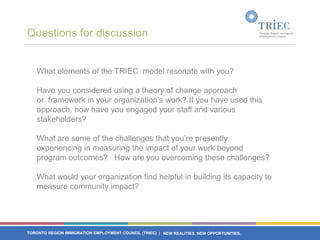 Questions for discussion


    What elements of the TRIEC model resonate with you?

    Have you considered using a theory of change approach
    or framework in your organization’s work? If you have used this
    approach, how have you engaged your staff and various
    stakeholders?

    What are some of the challenges that you’re presently
    experiencing in measuring the impact of your work beyond
    program outcomes? How are you overcoming these challenges?

    What would your organization find helpful in building its capacity to
    measure community impact?




TORONTO REGION IMMIGRATION EMPLOYMENT COUNCIL (TRIEC) | NEW REALITIES. NEW OPPORTUNITIES.
 