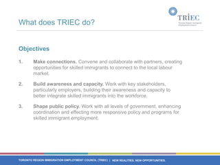 What does TRIEC do?


Objectives

1.      Make connections. Convene and collaborate with partners, creating
        opportunities for skilled immigrants to connect to the local labour
        market.

2.      Build awareness and capacity. Work with key stakeholders,
        particularly employers, building their awareness and capacity to
        better integrate skilled immigrants into the workforce.

3.      Shape public policy. Work with all levels of government, enhancing
        coordination and effecting more responsive policy and programs for
        skilled immigrant employment.




TORONTO REGION IMMIGRATION EMPLOYMENT COUNCIL (TRIEC) | NEW REALITIES. NEW OPPORTUNITIES.
 