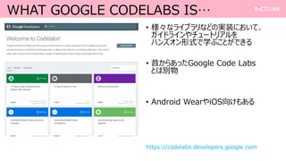 WHAT GOOGLE CODELABS IS
? ʥ饤֥ʤɤΌgװˤơ
ɥ饤`ȥꥢ
ϥ󥺥ʽѧ֤ȤǤ
? 餢äGoogle Code Labs
Ȥτe
? Android WeariOS򤱤⤢
https://codelabs.developers.google.com
 