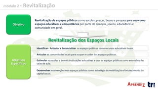 módulo 2 - Revitalização
Revitalização de espaços públicos como escolas, praças, becos e parques para uso como
espaços educativos e comunitários por parte de crianças, jovens, educadores e
comunidade em geral.
Objetivo
Revitalização dos Espaços Locais
Identificar - Articular e Potencializar os espaços públicos como recursos educativos locais.
Articular as comunidades locais para ocupar e cuidar dos espaços públicos.
Estimular as escolas e demais instituições educativas a usar os espaços públicos como extensões das
salas de aula.
Desenvolver intervenções nos espaços públicos como estratégia de mobilização e fortalecimento do
capital social.
Objetivos
Específicos
 