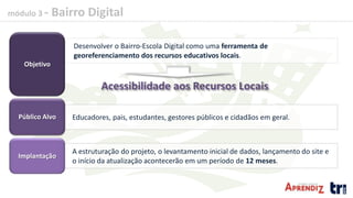 módulo 3 - Bairro Digital
A estruturação do projeto, o levantamento inicial de dados, lançamento do site e
o início da atualização acontecerão em um período de 12 meses.
Desenvolver o Bairro-Escola Digital como uma ferramenta de
georeferenciamento dos recursos educativos locais.
Educadores, pais, estudantes, gestores públicos e cidadãos em geral.
Objetivo
Acessibilidade aos Recursos Locais
Público Alvo
Implantação
 