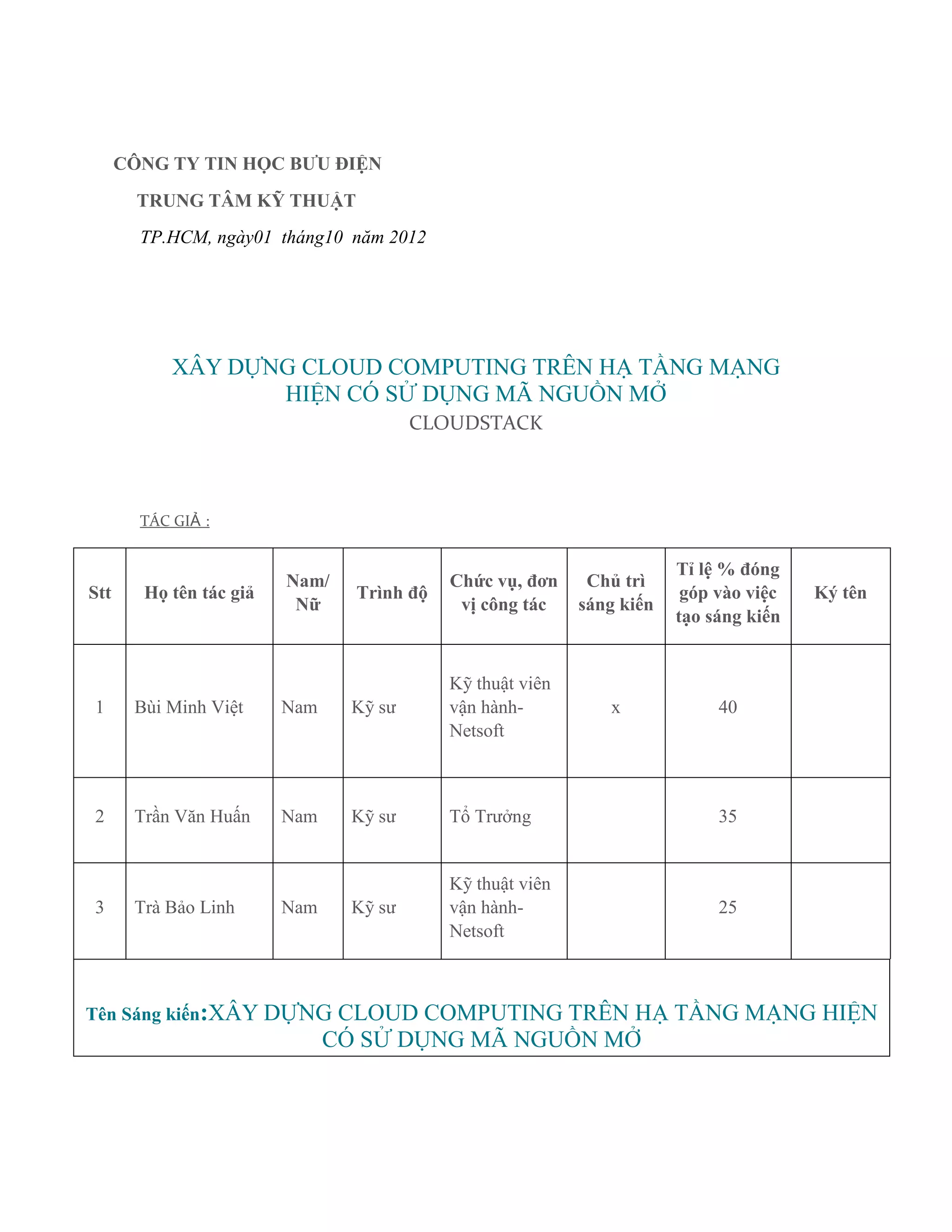 CÔNG TY TIN HỌC BƯU ĐIỆN
        TRUNG TÂM KỸ THUẬT
        TP.HCM, ngày01 tháng10 năm 2012




            XÂY DỰNG CLOUD COMPUTING TRÊN HẠ TẦNG MẠNG
                   HIỆN CÓ SỬ DỤNG MÃ NGUỒN MỞ
                                         CLOUDSTACK



        TÁC GIẢ :


                                                                        Tỉ lệ % đóng
                         Nam/               Chức vụ, đơn     Chủ trì
Stt     Họ tên tác giả           Trình độ                                góp vào việc   Ký tên
                          Nữ                 vị công tác    sáng kiến
                                                                        tạo sáng kiến


                                            Kỹ thuật viên
1      Bùi Minh Việt     Nam     Kỹ sư      vận hành-          x             40
                                            Netsoft



2      Trần Văn Huấn     Nam     Kỹ sư      Tổ Trưởng                        35


                                            Kỹ thuật viên
3      Trà Bảo Linh      Nam     Kỹ sư      vận hành-                        25
                                            Netsoft



Tên Sáng kiến:XÂY DỰNG          CLOUD COMPUTING TRÊN HẠ TẦNG MẠNG HIỆN
                               CÓ SỬ DỤNG MÃ NGUỒN MỞ
 