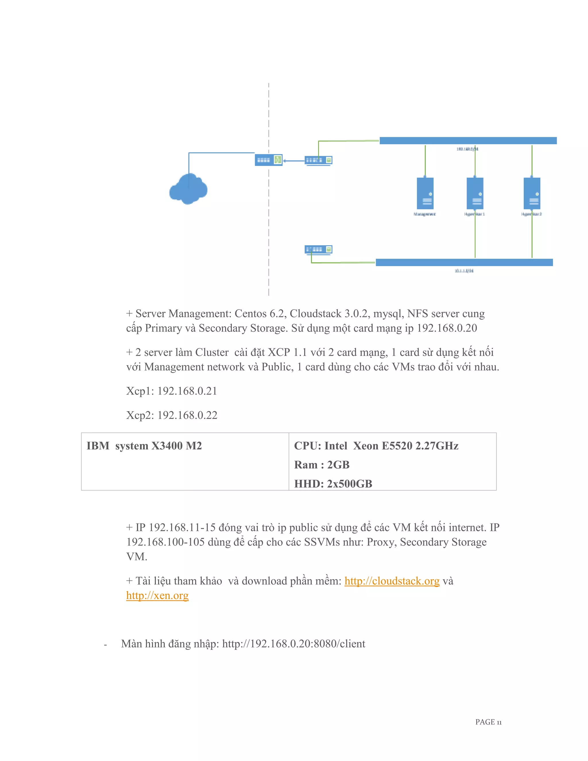 + Server Management: Centos 6.2, Cloudstack 3.0.2, mysql, NFS server cung
       cấp Primary và Secondary Storage. Sử dụng một card mạng ip 192.168.0.20

       + 2 server làm Cluster cài đặt XCP 1.1 với 2 card mạng, 1 card sừ dụng kết nối
       với Management network và Public, 1 card dùng cho các VMs trao đổi với nhau.

       Xcp1: 192.168.0.21

       Xcp2: 192.168.0.22

IBM system X3400 M2                       CPU: Intel Xeon E5520 2.27GHz
                                          Ram : 2GB
                                          HHD: 2x500GB


       + IP 192.168.11-15 đóng vai trò ip public sử dụng để các VM kết nối internet. IP
       192.168.100-105 dùng để cấp cho các SSVMs như: Proxy, Secondary Storage
       VM.

       + Tài liệu tham khảo và download phần mềm: http://cloudstack.org và
       http://xen.org



  -   Màn hình đăng nhập: http://192.168.0.20:8080/client




                                                                                 PAGE 11
 