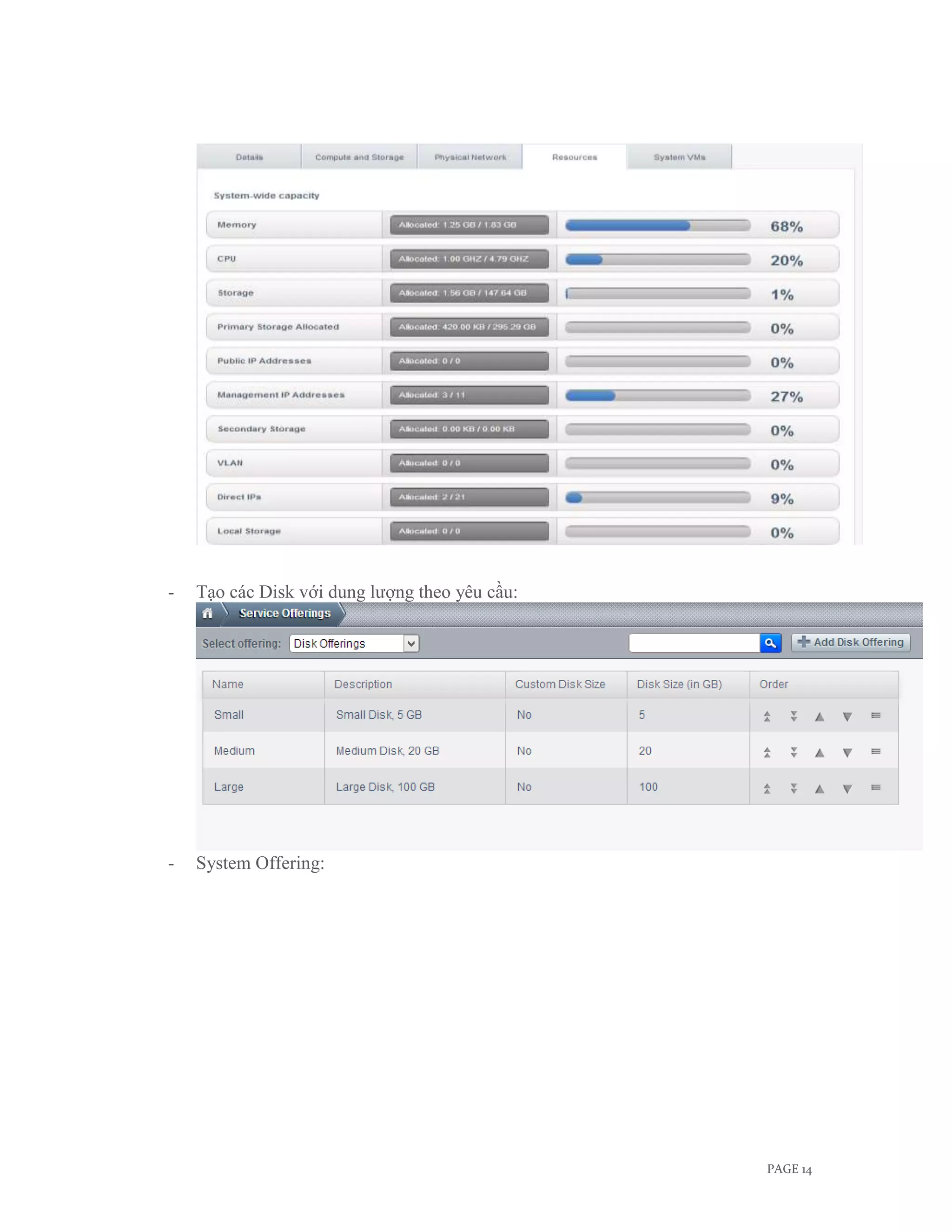 -   Tạo các Disk với dung lượng theo yêu cầu:




-   System Offering:




                                                PAGE 14
 