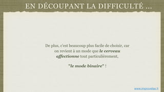 EN DÉCOUPANT LA DIFFICULTÉ ...
De plus, c'est beaucoup plus facile de choisir, car
on revient à un mode que le cerveau
affectionne tout particulièrement,
"le mode binaire" !
www.improvelse.fr
 