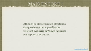 MAIS ENCORE !
Affinons ce classement en affectant à
chaque élément une pondération
reflétant son importance relative
par rapport aux autres.
www.improvelse.fr
 