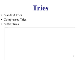1
Tries
• Standard Tries
• Compressed Tries
• Suffix Tries
 