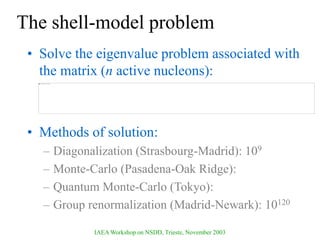 IAEA Workshop on NSDD, Trieste, November 2003
The shell-model problem
• Solve the eigenvalue problem associated with
the matrix (n active nucleons):
• Methods of solution:
– Diagonalization (Strasbourg-Madrid): 109
– Monte-Carlo (Pasadena-Oak Ridge):
– Quantum Monte-Carlo (Tokyo):
– Group renormalization (Madrid-Newark): 10120
 