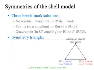 IAEA Workshop on NSDD, Trieste, November 2003
Symmetries of the shell model
• Three bench-mark solutions:
– No residual interaction  IP shell model.
– Pairing (in jj coupling)  Racah’s SU(2).
– Quadrupole (in LS coupling)  Elliott’s SU(3).
• Symmetry triangle:
 