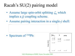 IAEA Workshop on NSDD, Trieste, November 2003
Racah’s SU(2) pairing model
• Assume large spin-orbit splitting ls which
implies a jj coupling scheme.
• Assume pairing interaction in a single-j shell:
• Spectrum of 210Pb:
 