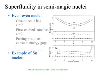 IAEA Workshop on NSDD, Trieste, November 2003
Superfluidity in semi-magic nuclei
• Even-even nuclei:
– Ground state has
=0.
– First-excited state has
=2.
– Pairing produces
constant energy gap:
• Example of Sn
nuclei:
 