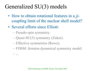 IAEA Workshop on NSDD, Trieste, November 2003
Generalized SU(3) models
• How to obtain rotational features in a jj-
coupling limit of the nuclear shell model?
• Several efforts since Elliott:
– Pseudo-spin symmetry.
– Quasi-SU(3) symmetry (Zuker).
– Effective symmetries (Rowe).
– FDSM: fermion dynamical symmetry model.
– ...
 
