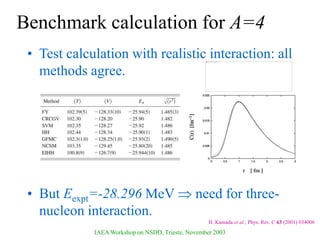 IAEA Workshop on NSDD, Trieste, November 2003
Benchmark calculation for A=4
• Test calculation with realistic interaction: all
methods agree.
• But Eexpt=-28.296 MeV  need for three-
nucleon interaction.
H. Kamada et al., Phys. Rev. C 63 (2001) 034006
 