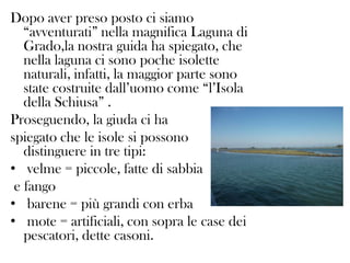 Dopo aver preso posto ci siamo
“avventurati” nella magnifica Laguna di
Grado,la nostra guida ha spiegato, che
nella laguna ci sono poche isolette
naturali, infatti, la maggior parte sono
state costruite dall’uomo come “l’Isola
della Schiusa” .
Proseguendo, la giuda ci ha
spiegato che le isole si possono
distinguere in tre tipi:
• velme = piccole, fatte di sabbia
e fango
• barene = più grandi con erba
• mote = artificiali, con sopra le case dei
pescatori, dette casoni.

 