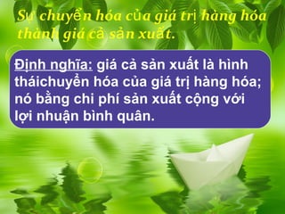 Sự chuyể n hóa củ a giá trị hàng hóa
thành giá cả sả n xuấ t.

Định nghĩa: giá cả sản xuất là hình
tháichuyển hóa của giá trị hàng hóa;
nó bằng chi phí sản xuất cộng với
lợi nhuận bình quân.
 