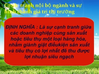 Cạ nh tranh nộ i bộ ngành và sự
hình thành giá trị thị trườ ng

ĐỊNH NGHĨA : Là sự cạnh tranh giữa
  các doanh nghiệp cùng sản xuất
  hoặc tiêu thụ một loại hàng hóa,
 nhằm giành giật điềukiện sản xuất
 và tiêu thụ có lợi nhất đê thu được
        lợi nhuận siêu ngạch
 