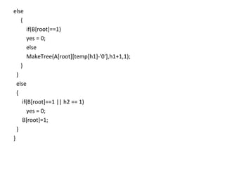 else
   {
         if(B[root]==1)
         yes = 0;
         else
         MakeTree(A[root][temp[h1]-'0'],h1+1,1);
     }
    }
    else
    {
      if(B[root]==1 || h2 == 1)
        yes = 0;
      B[root]=1;
    }
}
 