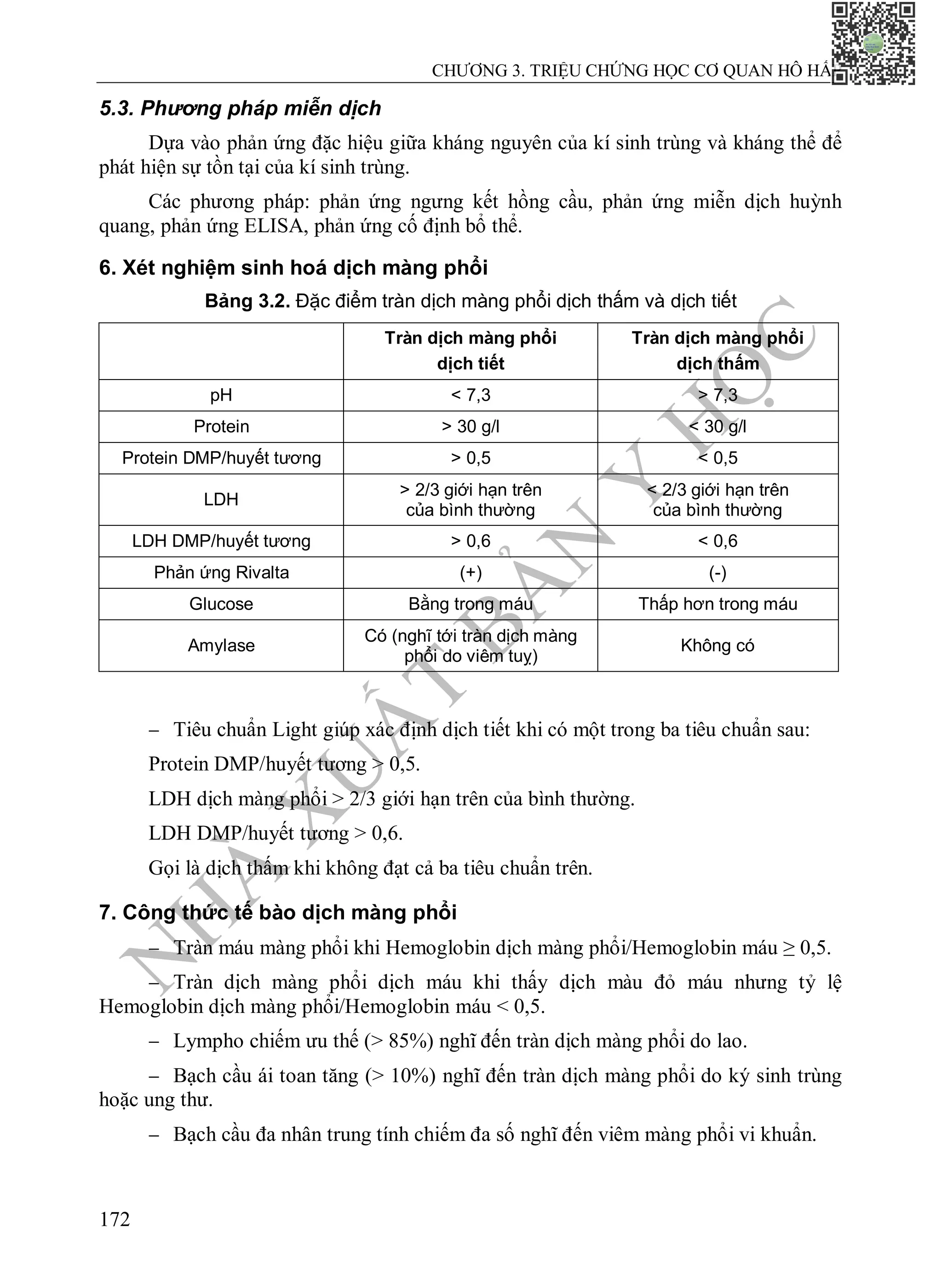 N
H
À
X
U
Ấ
T
B
Ả
N
Y
H
Ọ
C
CHƯƠNG 3. TRIỆU CHỨNG HỌC CƠ QUAN HÔ HẤP
172
5.3. Phương pháp miễn dịch
Dựa vào phản ứng đặc hiệu giữa kháng nguyên của kí sinh trùng và kháng thể để
phát hiện sự tồn tại của kí sinh trùng.
Các phương pháp: phản ứng ngưng kết hồng cầu, phản ứng miễn dịch huỳnh
quang, phản ứng ELISA, phản ứng cố định bổ thể.
6. Xét nghiệm sinh hoá dịch màng phổi
Bảng 3.2. Đặc điểm tràn dịch màng phổi dịch thấm và dịch tiết
Tràn dịch màng phổi
dịch tiết
Tràn dịch màng phổi
dịch thấm
pH < 7,3 > 7,3
Protein > 30 g/l < 30 g/l
Protein DMP/huyết tương > 0,5 < 0,5
LDH
> 2/3 giới hạn trên
của bình thường
< 2/3 giới hạn trên
của bình thường
LDH DMP/huyết tương > 0,6 < 0,6
Phản ứng Rivalta (+) (-)
Glucose Bằng trong máu Thấp hơn trong máu
Amylase
Có (nghĩ tới tràn dịch màng
phổi do viêm tuỵ)
Không có
 Tiêu chuẩn Light giúp xác định dịch tiết khi có một trong ba tiêu chuẩn sau:
Protein DMP/huyết tương > 0,5.
LDH dịch màng phổi > 2/3 giới hạn trên của bình thường.
LDH DMP/huyết tương > 0,6.
Gọi là dịch thấm khi không đạt cả ba tiêu chuẩn trên.
7. Công thức tế bào dịch màng phổi
 Tràn máu màng phổi khi Hemoglobin dịch màng phổi/Hemoglobin máu ≥ 0,5.
 Tràn dịch màng phổi dịch máu khi thấy dịch màu đỏ máu nhưng tỷ lệ
Hemoglobin dịch màng phổi/Hemoglobin máu < 0,5.
 Lympho chiếm ưu thế (> 85%) nghĩ đến tràn dịch màng phổi do lao.
 Bạch cầu ái toan tăng (> 10%) nghĩ đến tràn dịch màng phổi do ký sinh trùng
hoặc ung thư.
 Bạch cầu đa nhân trung tính chiếm đa số nghĩ đến viêm màng phổi vi khuẩn.
 