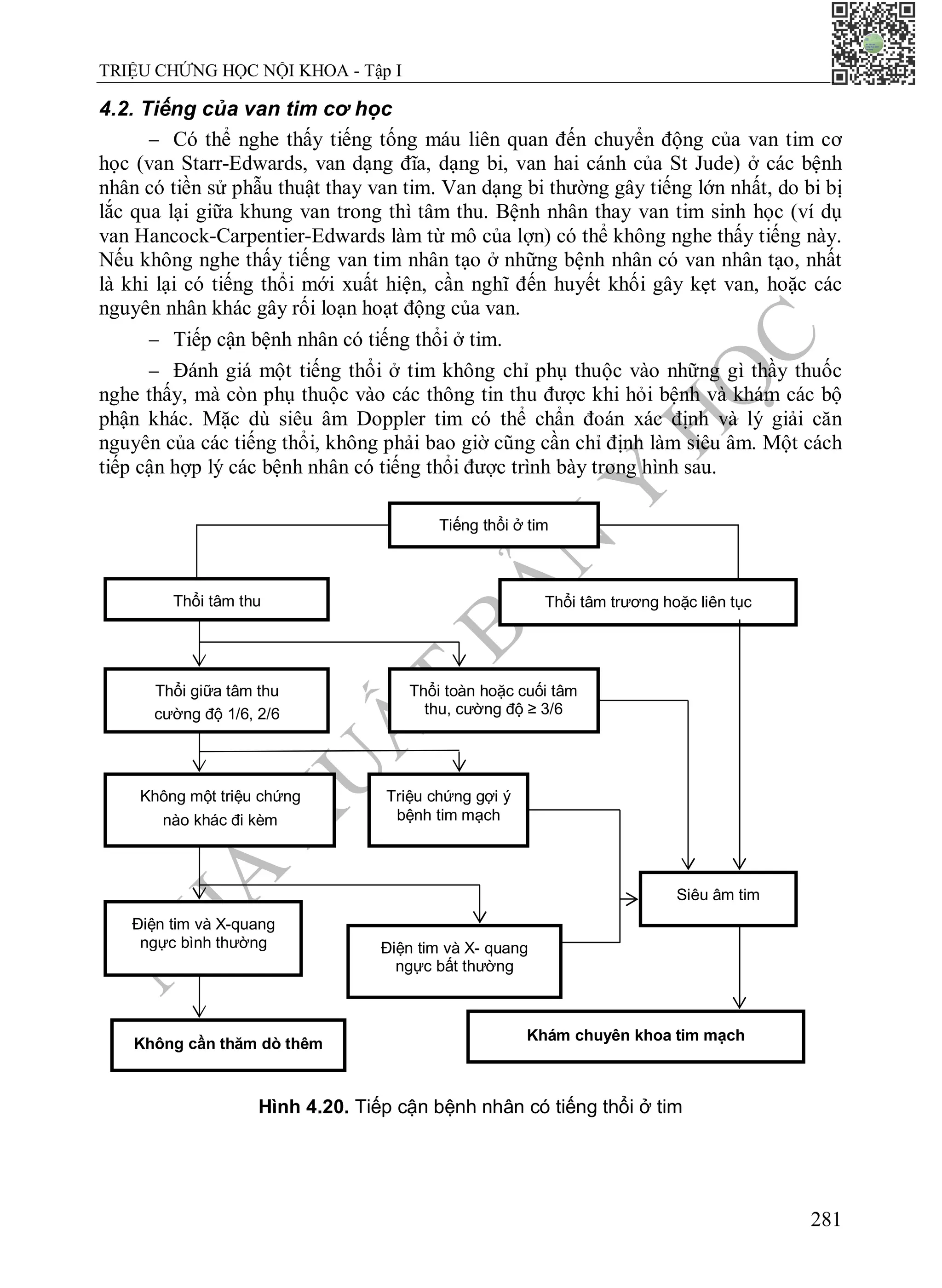 N
H
À
X
U
Ấ
T
B
Ả
N
Y
H
Ọ
C
TRIỆU CHỨNG HỌC NỘI KHOA - Tập I
281
4.2. Tiếng của van tim cơ học
 Có thể nghe thấy tiếng tống máu liên quan đến chuyển động của van tim cơ
học (van Starr-Edwards, van dạng đĩa, dạng bi, van hai cánh của St Jude) ở các bệnh
nhân có tiền sử phẫu thuật thay van tim. Van dạng bi thường gây tiếng lớn nhất, do bi bị
lắc qua lại giữa khung van trong thì tâm thu. Bệnh nhân thay van tim sinh học (ví dụ
van Hancock-Carpentier-Edwards làm từ mô của lợn) có thể không nghe thấy tiếng này.
Nếu không nghe thấy tiếng van tim nhân tạo ở những bệnh nhân có van nhân tạo, nhất
là khi lại có tiếng thổi mới xuất hiện, cần nghĩ đến huyết khối gây kẹt van, hoặc các
nguyên nhân khác gây rối loạn hoạt động của van.
 Tiếp cận bệnh nhân có tiếng thổi ở tim.
 Đánh giá một tiếng thổi ở tim không chỉ phụ thuộc vào những gì thầy thuốc
nghe thấy, mà còn phụ thuộc vào các thông tin thu được khi hỏi bệnh và khám các bộ
phận khác. Mặc dù siêu âm Doppler tim có thể chẩn đoán xác định và lý giải căn
nguyên của các tiếng thổi, không phải bao giờ cũng cần chỉ định làm siêu âm. Một cách
tiếp cận hợp lý các bệnh nhân có tiếng thổi được trình bày trong hình sau.
Hình 4.20. Tiếp cận bệnh nhân có tiếng thổi ở tim
Tiếng thổi ở tim
Thổi tâm thu Thổi tâm trương hoặc liên tục
Thổi giữa tâm thu
cường độ 1/6, 2/6
Thổi toàn hoặc cuối tâm
thu, cường độ ≥ 3/6
Không một triệu chứng
nào khác đi kèm
Triệu chứng gợi ý
bệnh tim mạch
Siêu âm tim
Điện tim và X-quang
ngực bình thường
Không cần thăm dò thêm
Điện tim và X- quang
ngực bất thường
Khám chuyên khoa tim mạch
 