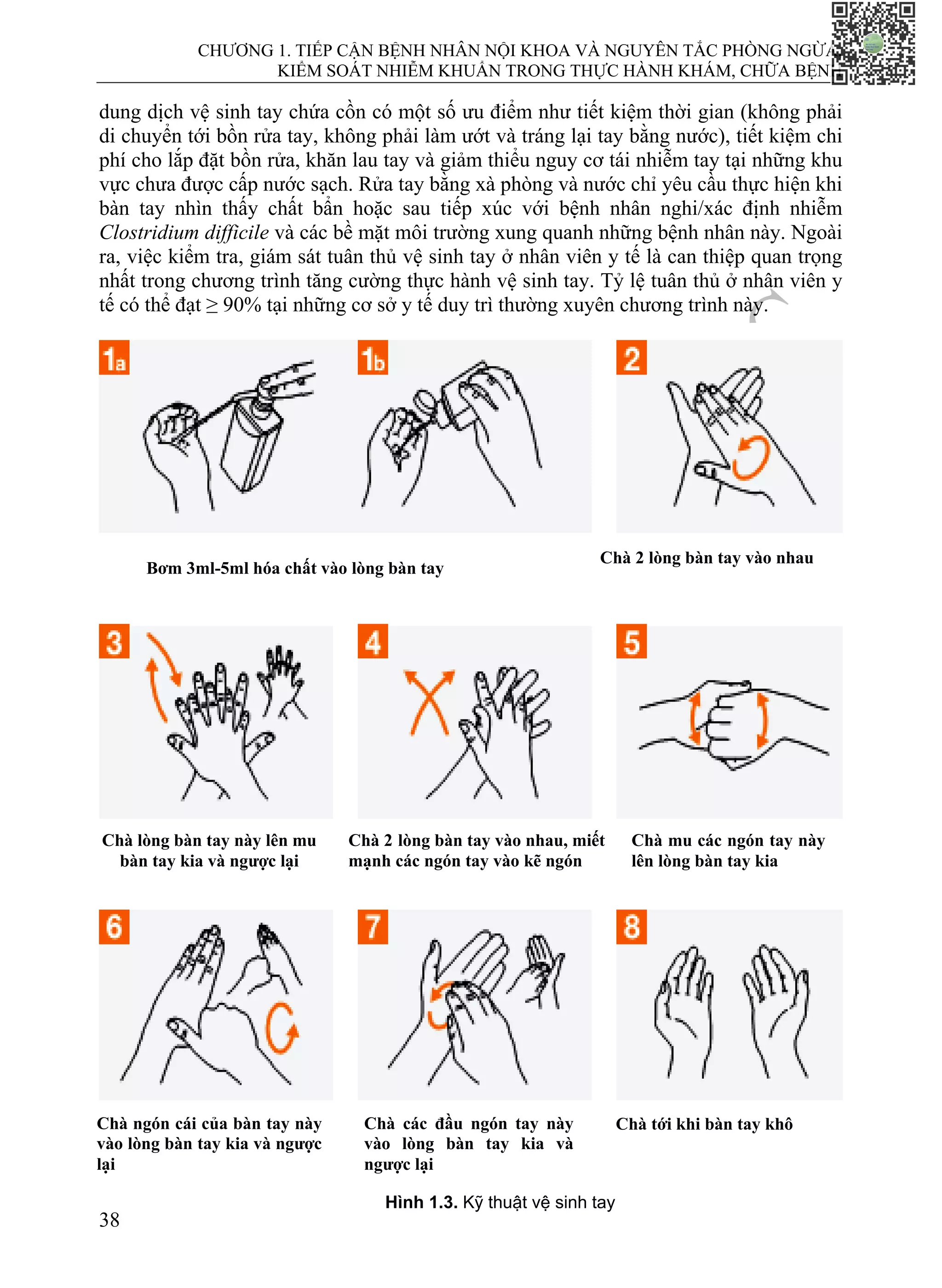 CHƯƠNG 1. TIẾP CẬN BỆNH NHÂN NỘI KHOA VÀ NGUYÊN TẮC PHÒNG NGỪA,
KIỂM SOÁT NHIỄM KHUẨN TRONG THỰC HÀNH KHÁM, CHỮA BỆNH
38
dung dịch vệ sinh tay chứa cồn có một số ưu điểm như tiết kiệm thời gian (không phải
di chuyển tới bồn rửa tay, không phải làm ướt và tráng lại tay bằng nước), tiết kiệm chi
phí cho lắp đặt bồn rửa, khăn lau tay và giảm thiểu nguy cơ tái nhiễm tay tại những khu
vực chưa được cấp nước sạch. Rửa tay bằng xà phòng và nước chỉ yêu cầu thực hiện khi
bàn tay nhìn thấy chất bẩn hoặc sau tiếp xúc với bệnh nhân nghi/xác định nhiễm
Clostridium difficile và các bề mặt môi trường xung quanh những bệnh nhân này. Ngoài
ra, việc kiểm tra, giám sát tuân thủ vệ sinh tay ở nhân viên y tế là can thiệp quan trọng
nhất trong chương trình tăng cường thực hành vệ sinh tay. Tỷ lệ tuân thủ ở nhân viên y
tế có thể đạt ≥ 90% tại những cơ sở y tế duy trì thường xuyên chương trình này.
Bơm 3ml-5ml hóa chất vào lòng bàn tay
Chà 2 lòng bàn tay vào nhau
Chà lòng bàn tay này lên mu
bàn tay kia và ngược lại
Chà 2 lòng bàn tay vào nhau, miết
mạnh các ngón tay vào kẽ ngón
Chà mu các ngón tay này
lên lòng bàn tay kia
Chà ngón cái của bàn tay này
vào lòng bàn tay kia và ngược
lại
Chà các đầu ngón tay này
vào lòng bàn tay kia và
ngược lại
Chà tới khi bàn tay khô
Hình 1.3. Kỹ thuật vệ sinh tay
 