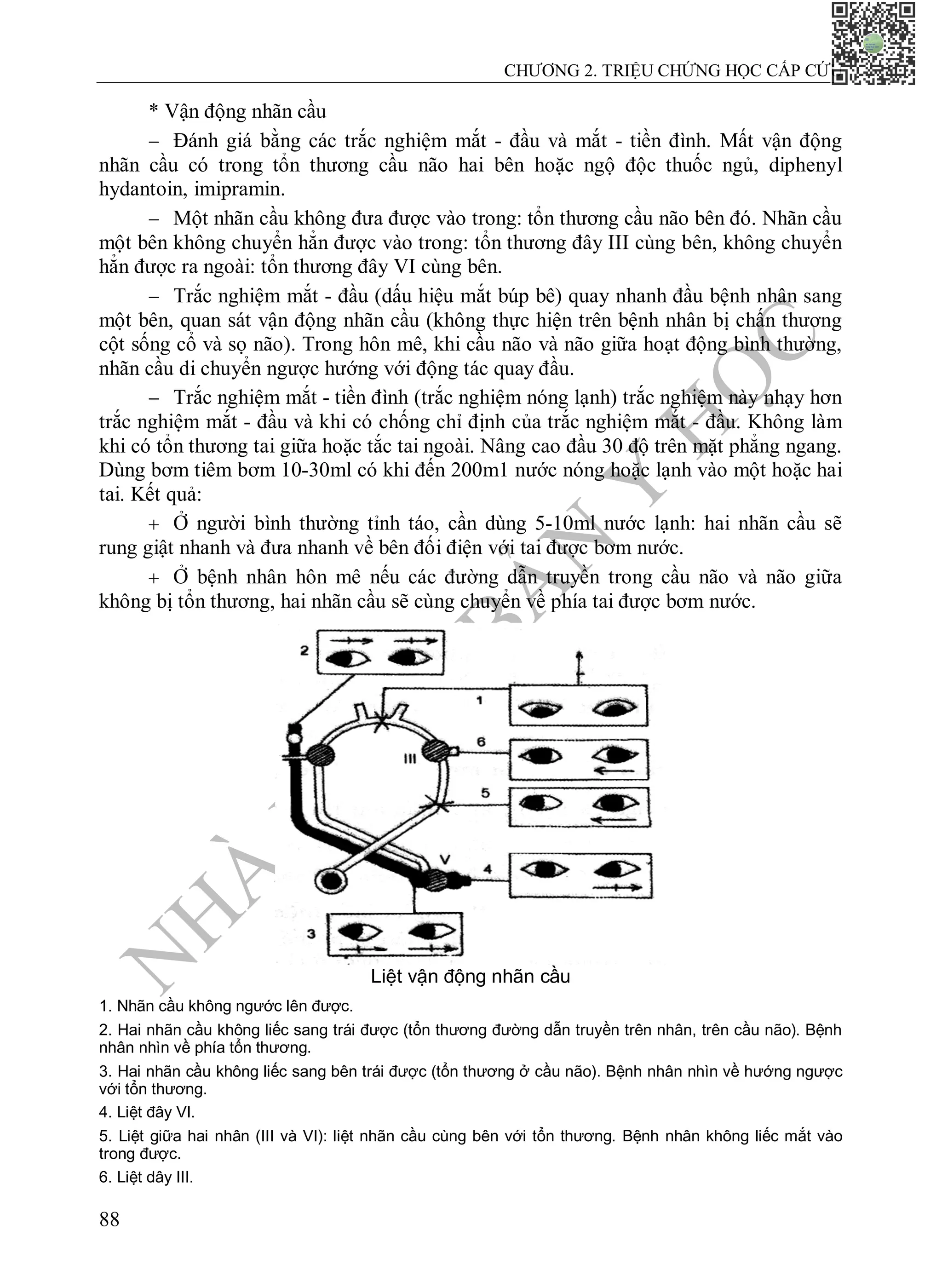 N
H
À
X
U
Ấ
T
B
Ả
N
Y
H
Ọ
C
CHƯƠNG 2. TRIỆU CHỨNG HỌC CẤP CỨU
88
* Vận động nhãn cầu
 Đánh giá bằng các trắc nghiệm mắt - đầu và mắt - tiền đình. Mất vận động
nhãn cầu có trong tổn thương cầu não hai bên hoặc ngộ độc thuốc ngủ, diphenyl
hydantoin, imipramin.
 Một nhãn cầu không đưa được vào trong: tổn thương cầu não bên đó. Nhãn cầu
một bên không chuyển hẳn được vào trong: tổn thương đây III cùng bên, không chuyển
hẳn được ra ngoài: tổn thương đây VI cùng bên.
 Trắc nghiệm mắt - đầu (dấu hiệu mắt búp bê) quay nhanh đầu bệnh nhân sang
một bên, quan sát vận động nhãn cầu (không thực hiện trên bệnh nhân bị chấn thương
cột sống cổ và sọ não). Trong hôn mê, khi cầu não và não giữa hoạt động bình thường,
nhãn cầu di chuyển ngược hướng với động tác quay đầu.
 Trắc nghiệm mắt - tiền đình (trắc nghiệm nóng lạnh) trắc nghiệm này nhạy hơn
trắc nghiệm mắt - đầu và khi có chống chỉ định của trắc nghiệm mắt - đầu. Không làm
khi có tổn thương tai giữa hoặc tắc tai ngoài. Nâng cao đầu 30 độ trên mặt phẳng ngang.
Dùng bơm tiêm bơm 10-30ml có khi đến 200m1 nước nóng hoặc lạnh vào một hoặc hai
tai. Kết quả:
 Ở người bình thường tỉnh táo, cần dùng 5-10ml nước lạnh: hai nhãn cầu sẽ
rung giật nhanh và đưa nhanh về bên đối điện với tai được bơm nước.
 Ở bệnh nhân hôn mê nếu các đường dẫn truyền trong cầu não và não giữa
không bị tổn thương, hai nhãn cầu sẽ cùng chuyển về phía tai được bơm nước.
Liệt vận động nhãn cầu
1. Nhãn cầu không ngước lên được.
2. Hai nhãn cầu không liếc sang trái được (tổn thương đường dẫn truyền trên nhân, trên cầu não). Bệnh
nhân nhìn về phía tổn thương.
3. Hai nhãn cầu không liếc sang bên trái được (tổn thương ở cầu não). Bệnh nhân nhìn về hướng ngược
với tổn thương.
4. Liệt đây VI.
5. Liệt giữa hai nhân (III và VI): liệt nhãn cầu cùng bên với tổn thương. Bệnh nhân không liếc mắt vào
trong được.
6. Liệt dây III.
 